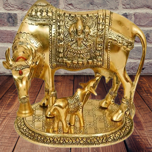 Brass Kamadhenu cow and calf statue