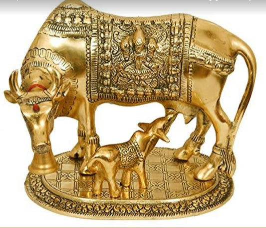 Brass Kamadhenu cow and calf statue